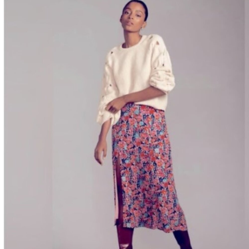 Anthropologie Maeve Women's "Lille" Pink Floral Side-slit Midi Skirt (Size 14)